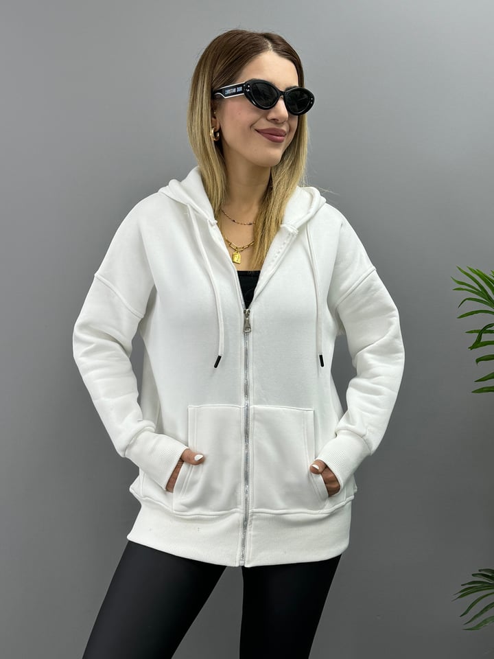 Roza Beyaz Kapşonlu Şardonlu Sweatshirt