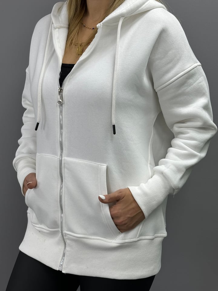 Roza Beyaz Kapşonlu Şardonlu Sweatshirt