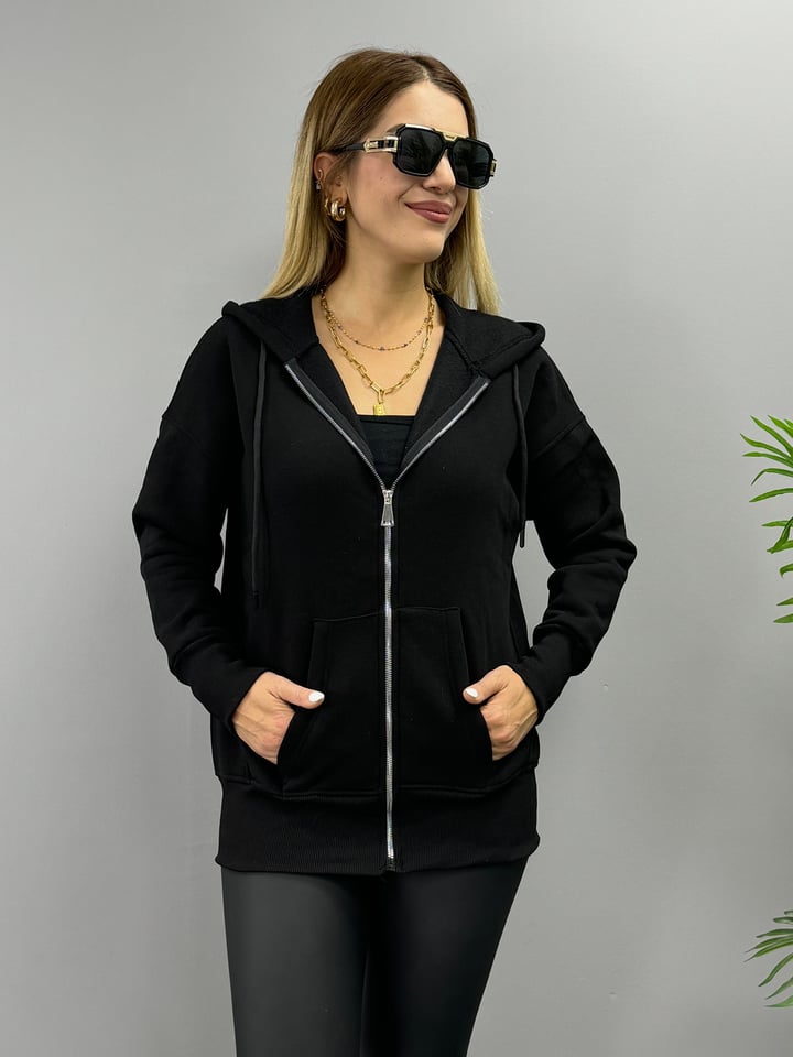 Roza Siyah Kapşonlu Şardonlu Sweatshirt
