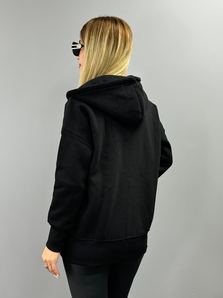 Roza Siyah Kapşonlu Şardonlu Sweatshirt