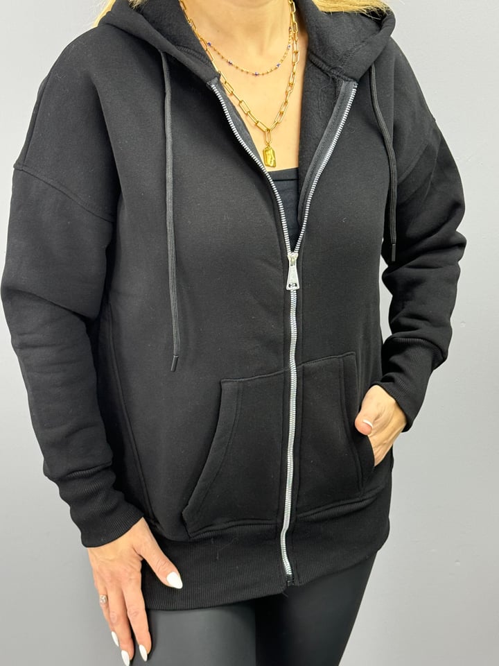 Roza Siyah Kapşonlu Şardonlu Sweatshirt