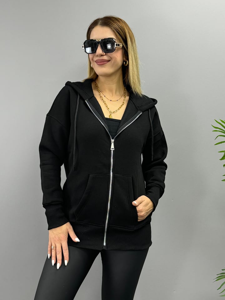 Roza Siyah Kapşonlu Şardonlu Sweatshirt