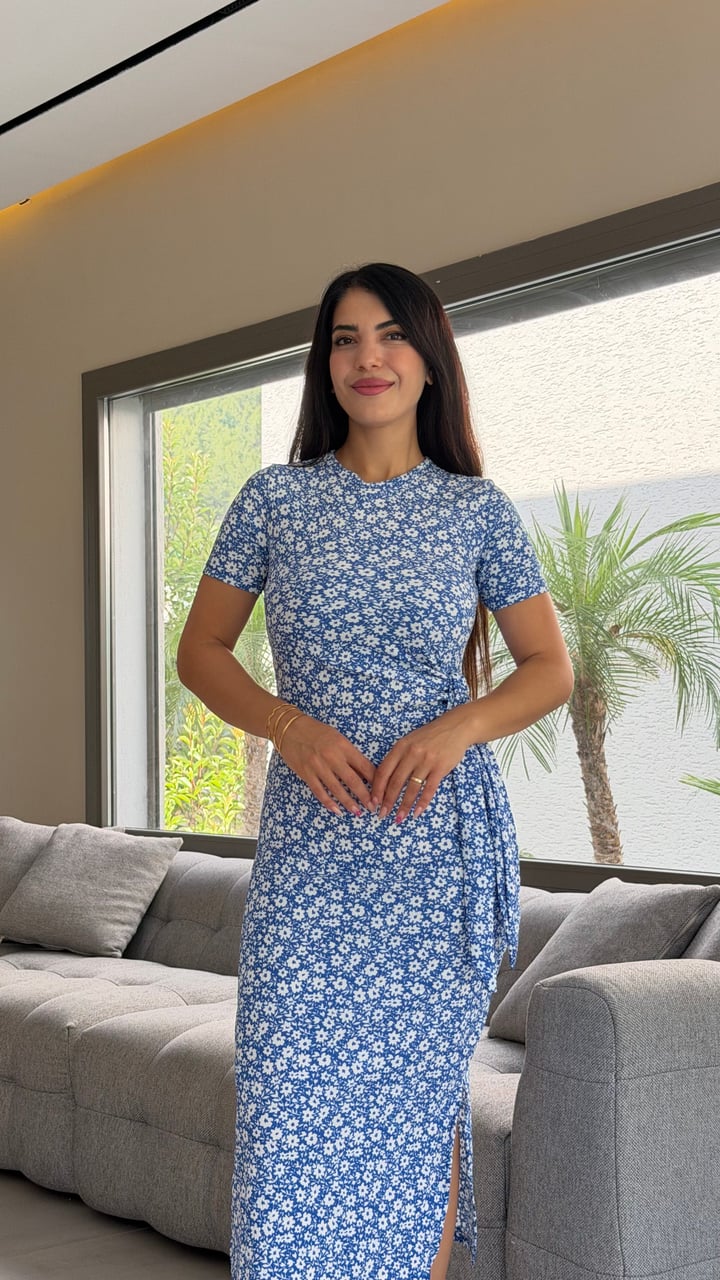 Ruce Mavi Desenli Bağlamalı Elbise