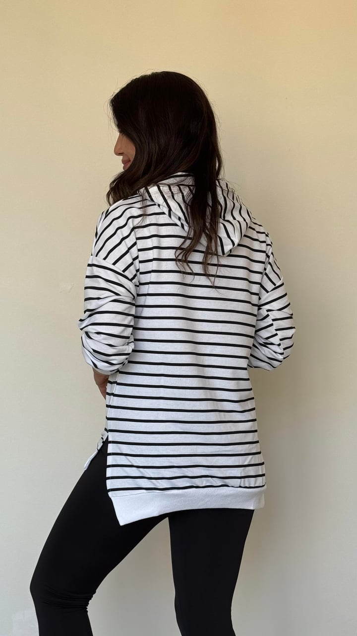 Ruff Beyaz Çizgili Yanı Yırtmaçlı Kapüşonlu Sweatshirt