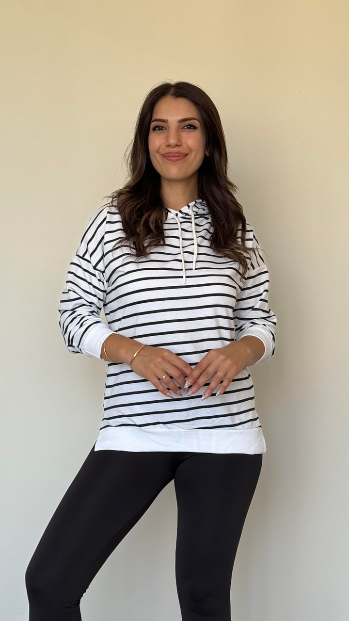 Ruff Beyaz Çizgili Yanı Yırtmaçlı Kapüşonlu Sweatshirt