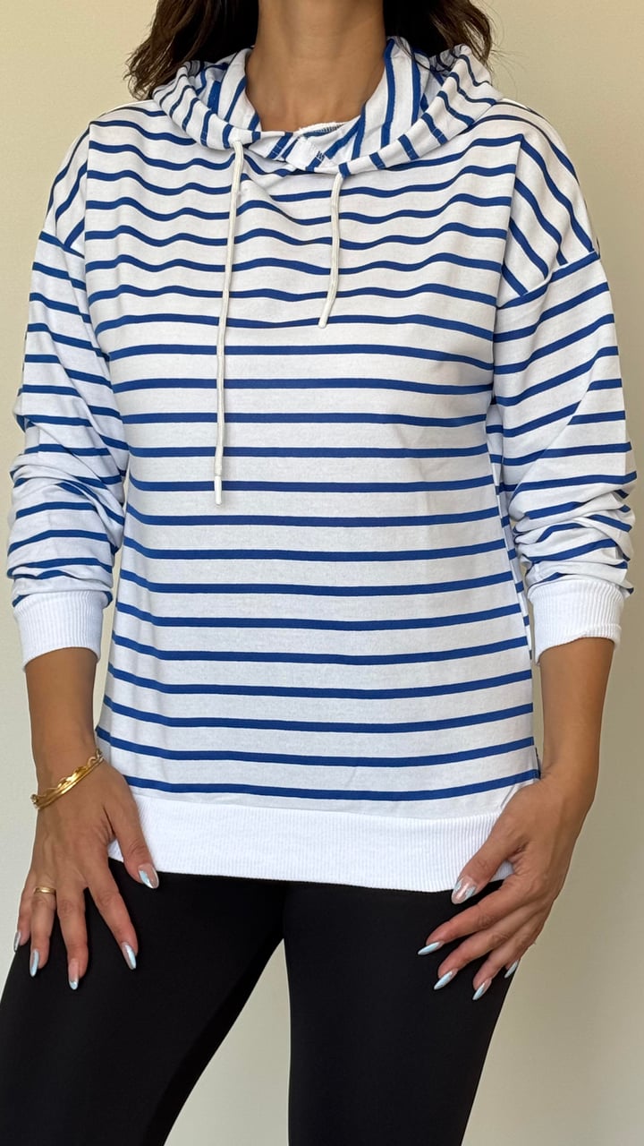 Ruff Mavi Çizgili Yanı Yırtmaçlı Kapüşonlu Sweatshirt