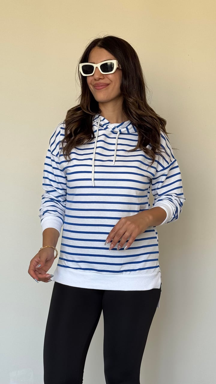 Ruff Mavi Çizgili Yanı Yırtmaçlı Kapüşonlu Sweatshirt