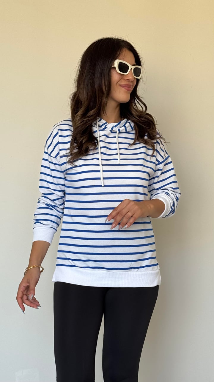 Ruff Mavi Çizgili Yanı Yırtmaçlı Kapüşonlu Sweatshirt