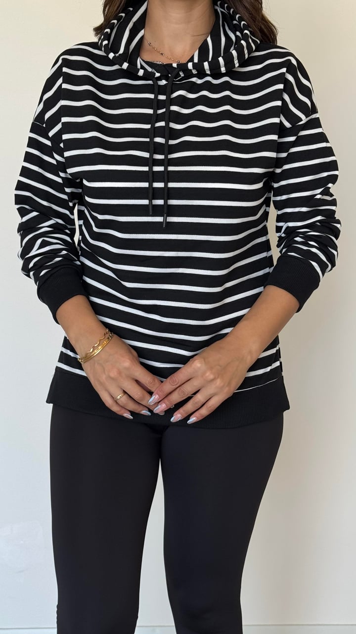 Ruff Siyah Çizgili Yanı Yırtmaçlı Kapüşonlu Sweatshirt
