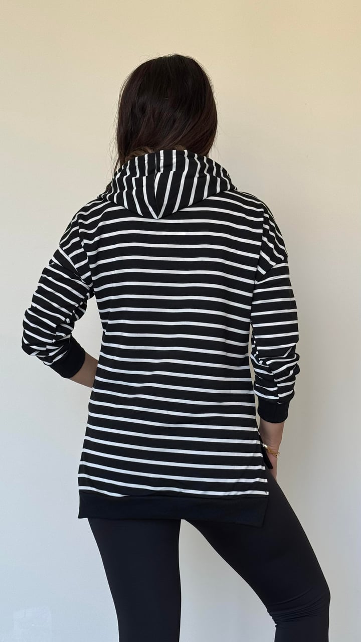 Ruff Siyah Çizgili Yanı Yırtmaçlı Kapüşonlu Sweatshirt