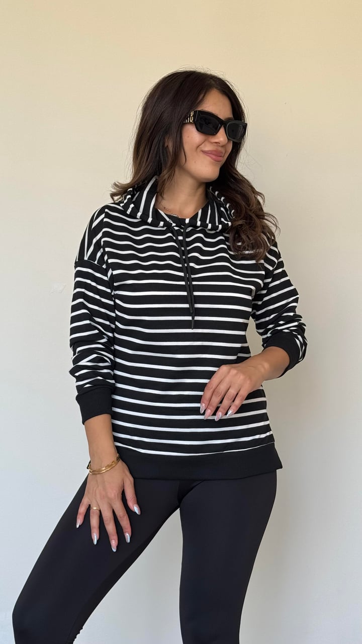 Ruff Siyah Çizgili Yanı Yırtmaçlı Kapüşonlu Sweatshirt