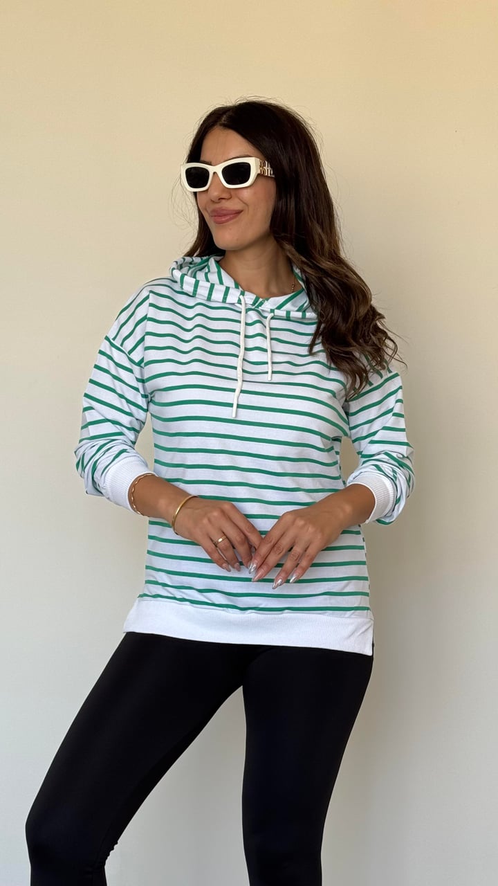 Ruff Yeşil Çizgili Yanı Yırtmaçlı Kapüşonlu Sweatshirt