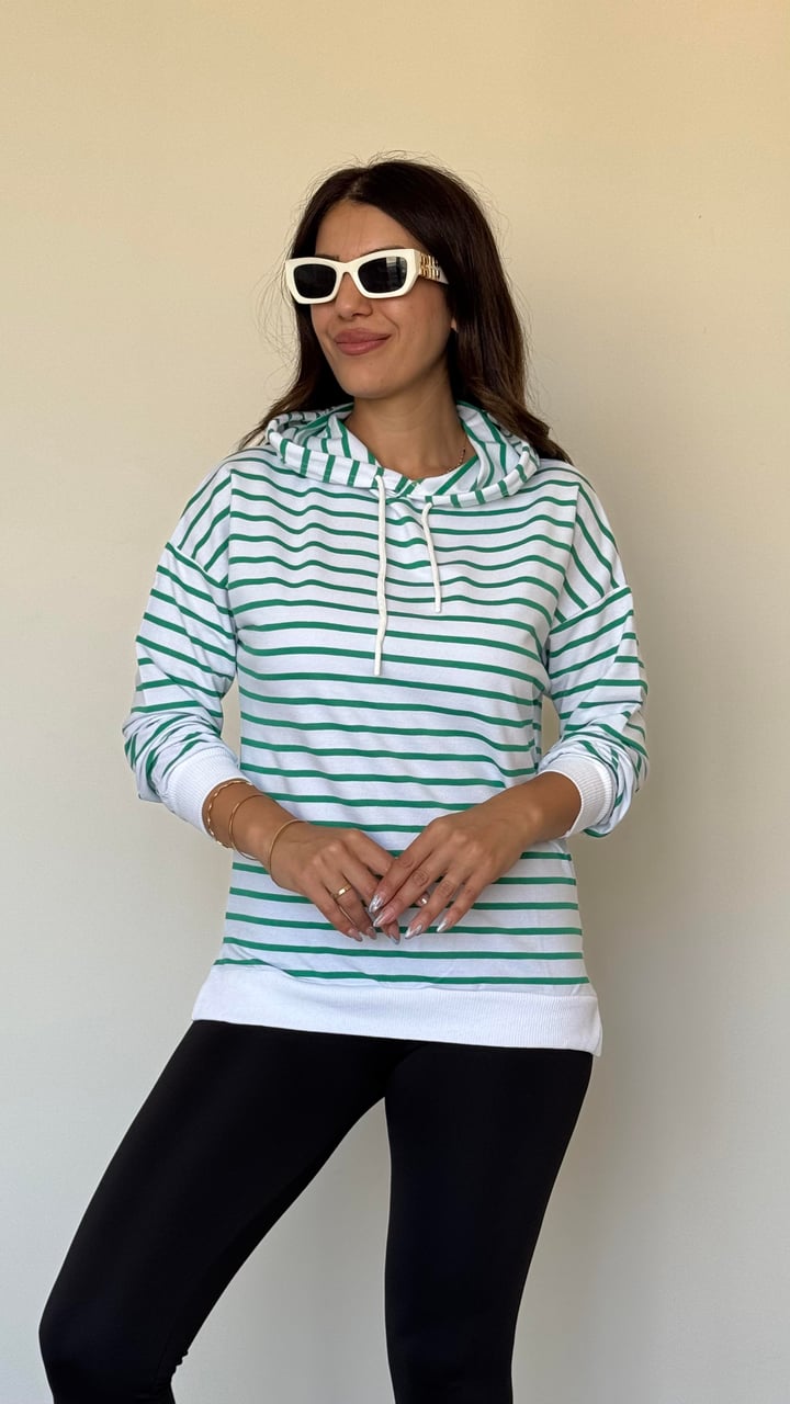Ruff Yeşil Çizgili Yanı Yırtmaçlı Kapüşonlu Sweatshirt