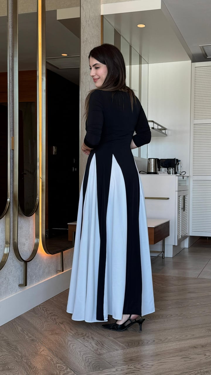 Saga Siyah Beyaz Desenli Maxi Elbise