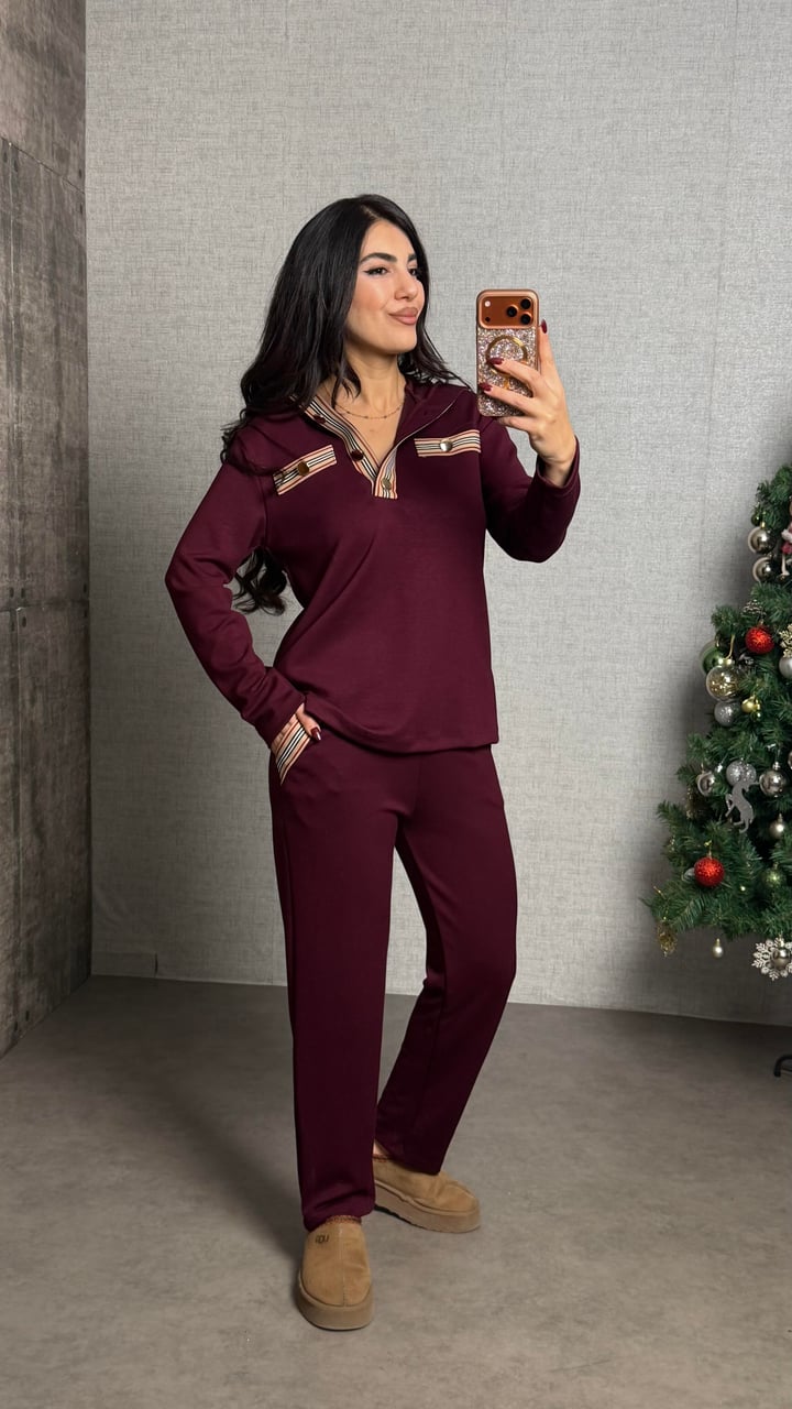 Sari Bordo Gold Düğmeli Kapüşonlu İkili Takım