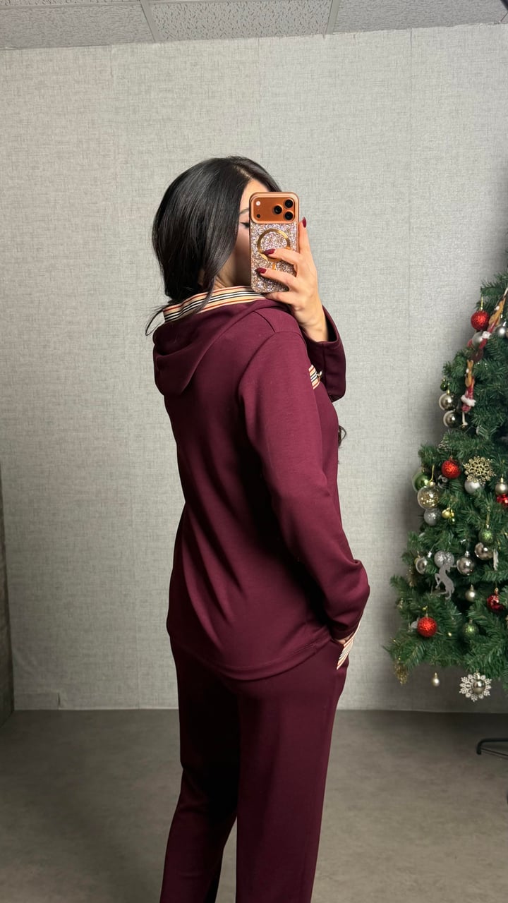 Sari Bordo Gold Düğmeli Kapüşonlu İkili Takım