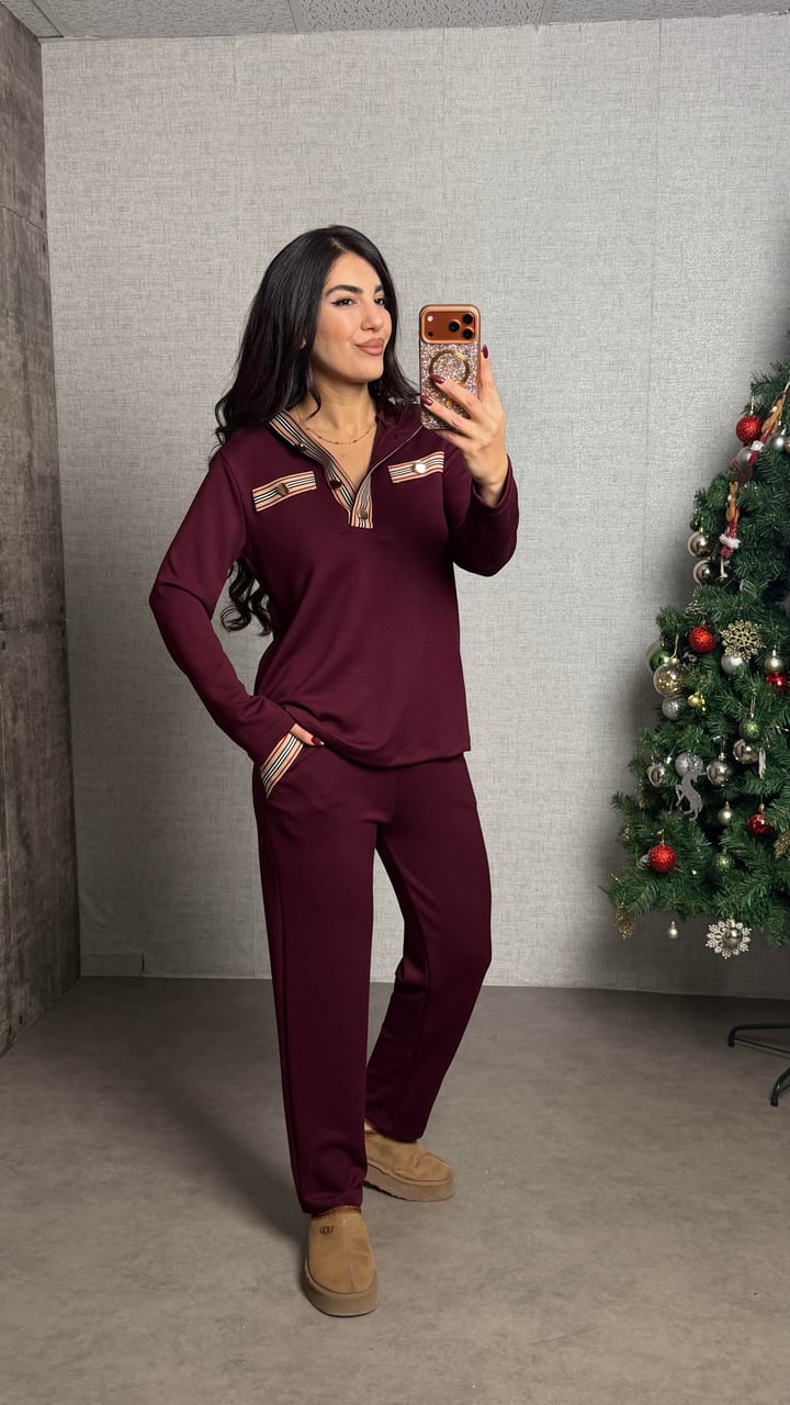 Sari Bordo Gold Düğmeli Kapüşonlu İkili Takım