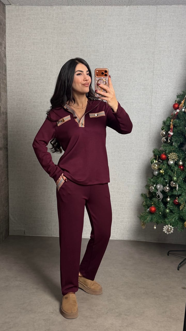 Sari Bordo Gold Düğmeli Kapüşonlu İkili Takım