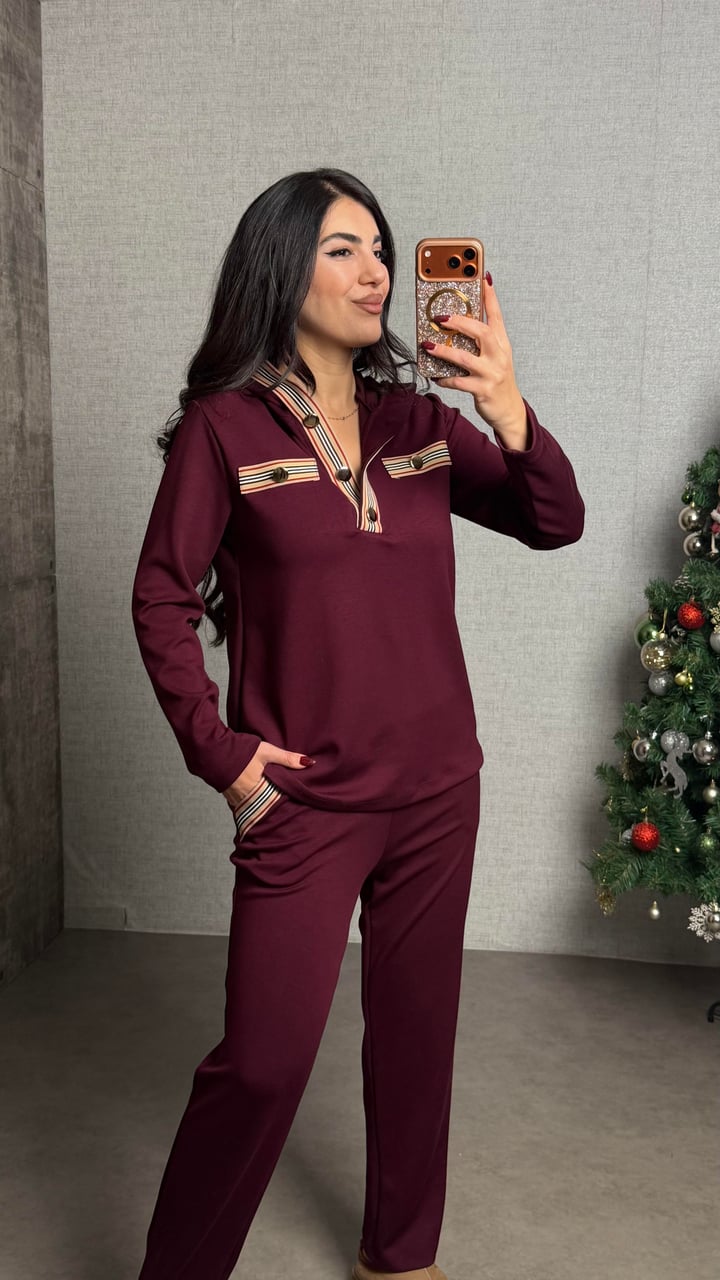 Sari Bordo Gold Düğmeli Kapüşonlu İkili Takım