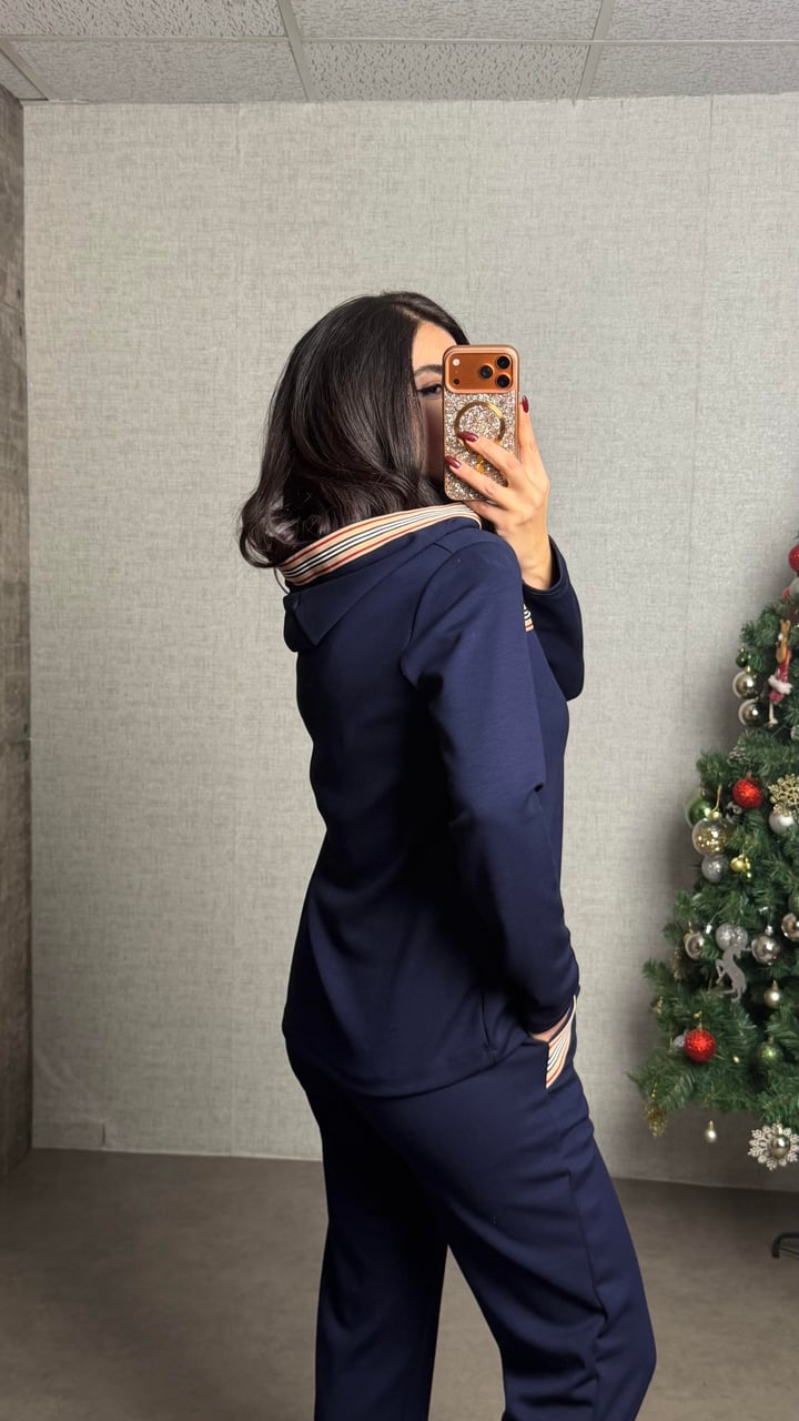 Sari Lacivert Gold Düğmeli Kapüşonlu İkili Takım