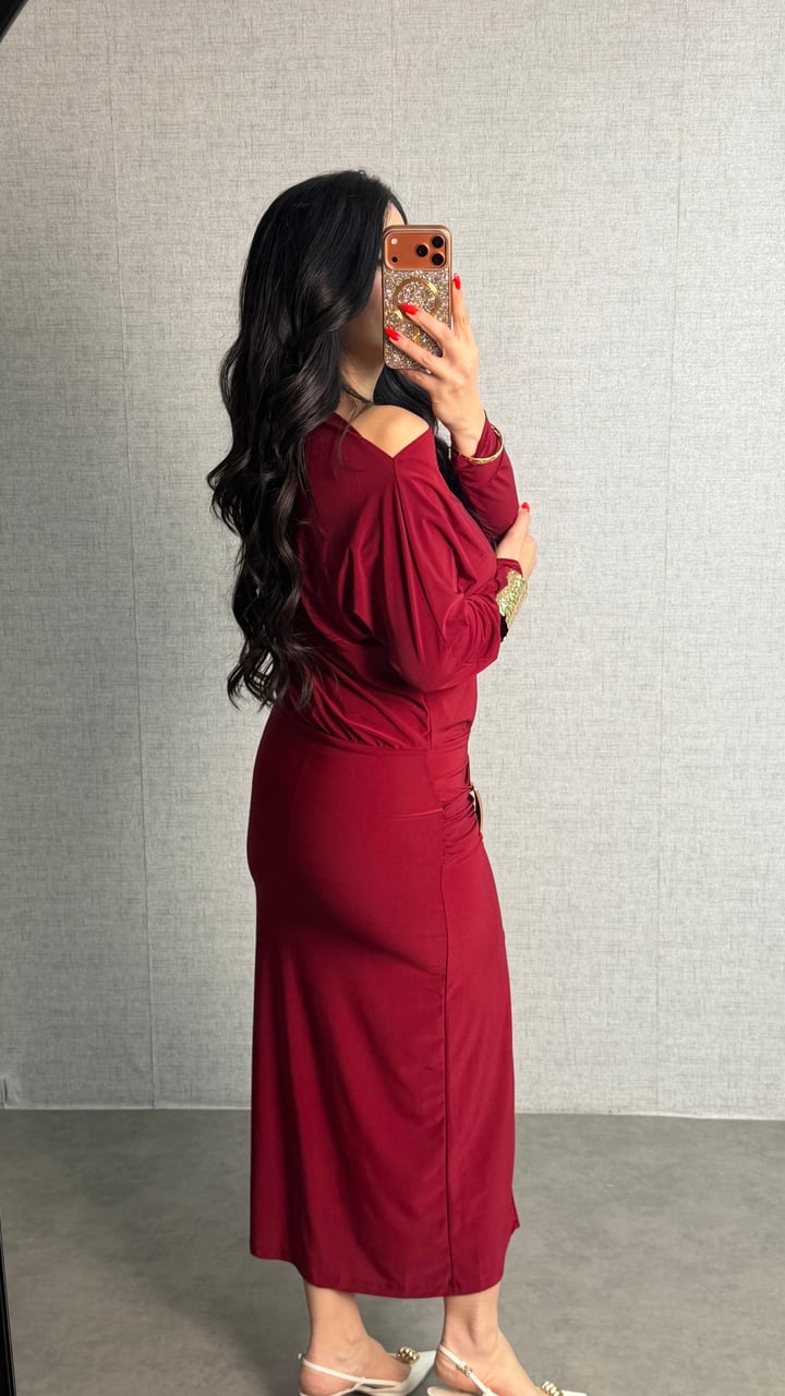 Selena Bordo Gold Tokalı Sandy Elbise