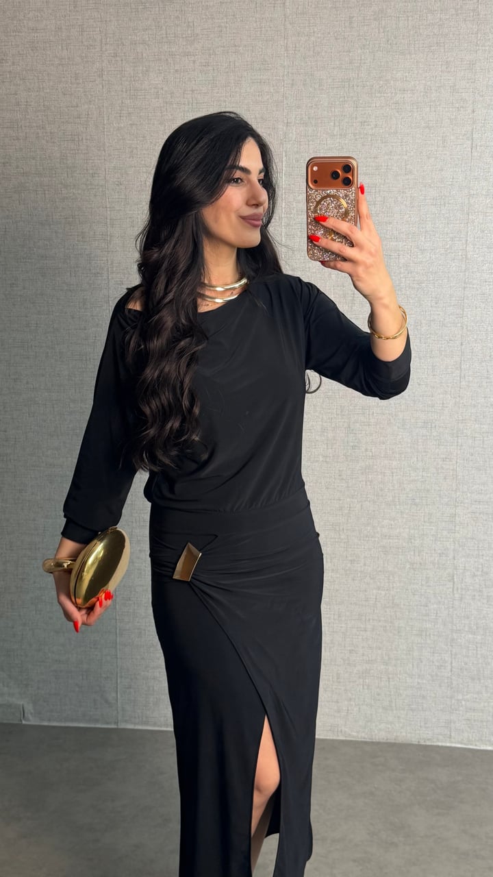 Selena Siyah Gold Tokalı Sandy Elbise