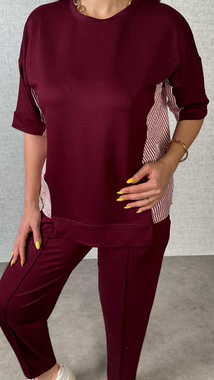 Senna Bordo Çizgili İkili Takım