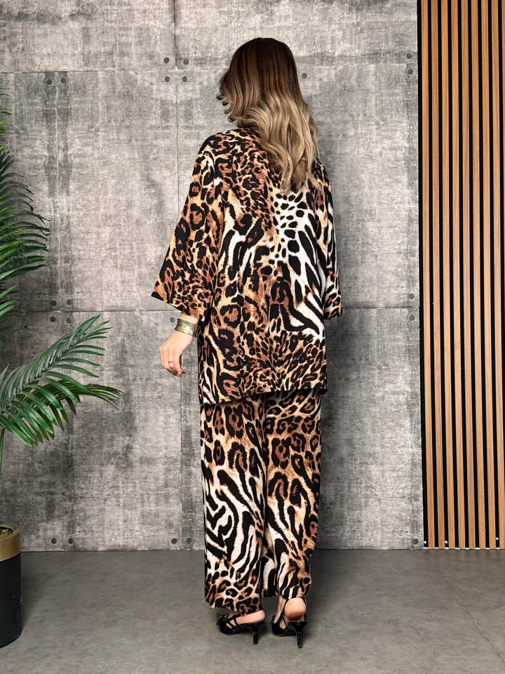 Serra Leopar Desenli Kimono İkili Takım