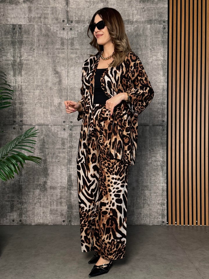 Serra Leopar Desenli Kimono İkili Takım