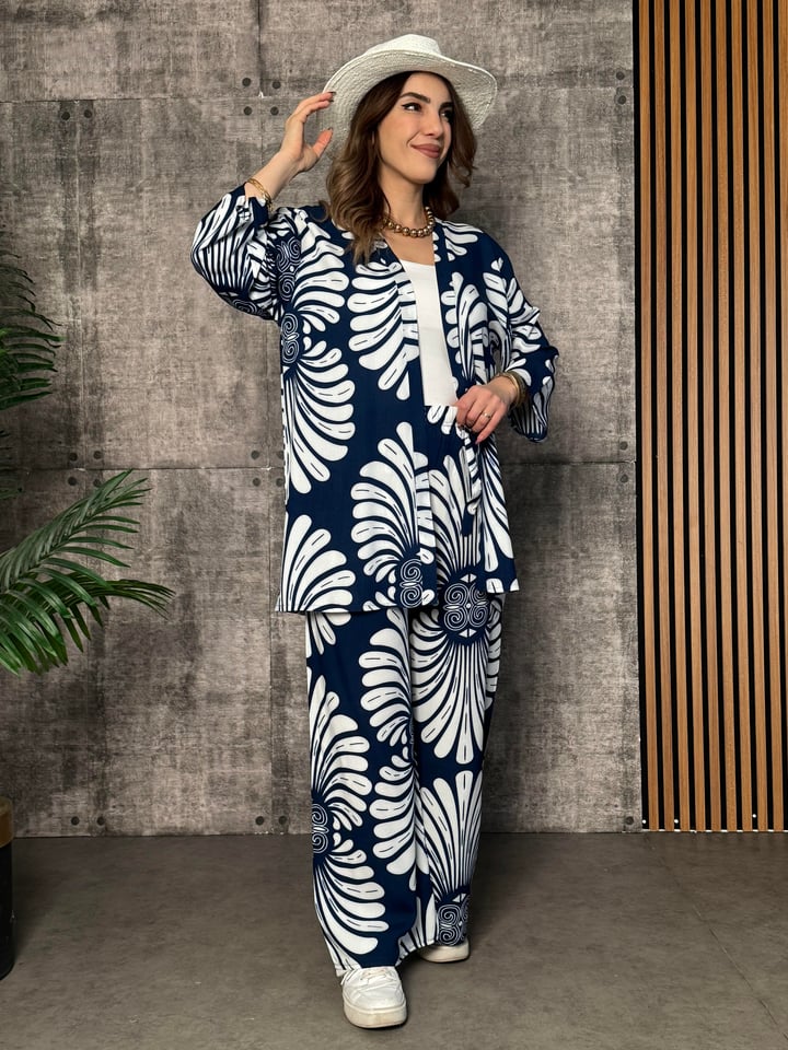 Serra Mavi Desenli Kimono İkili Takım