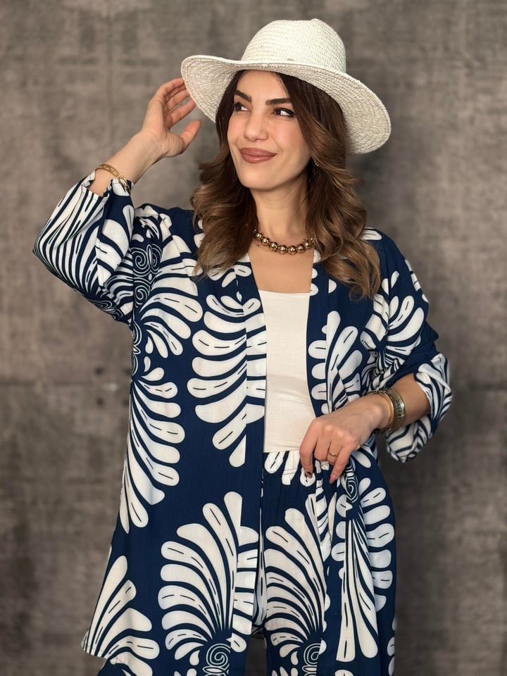 Serra Mavi Desenli Kimono İkili Takım