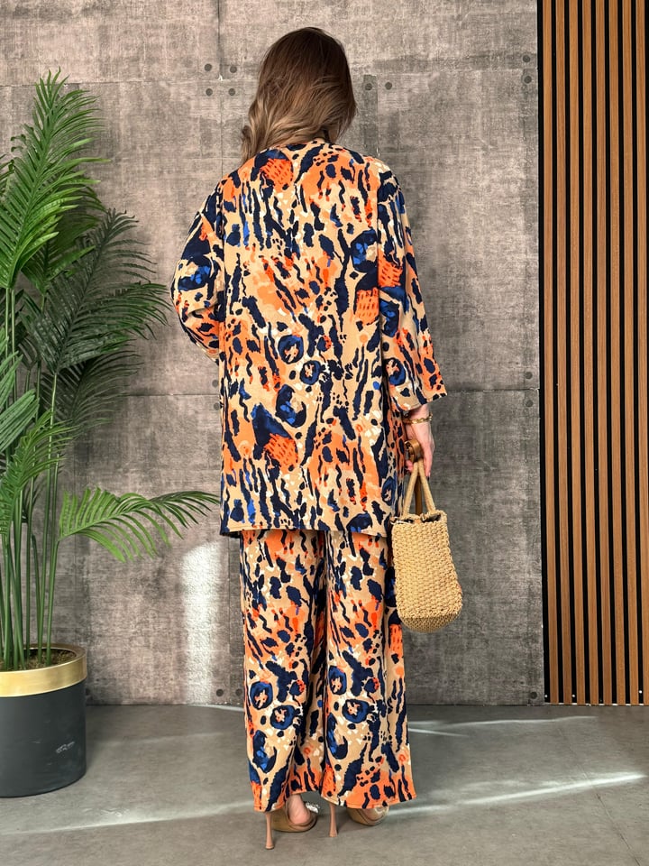 Serra Turuncu Desenli Kimono İkili Takım