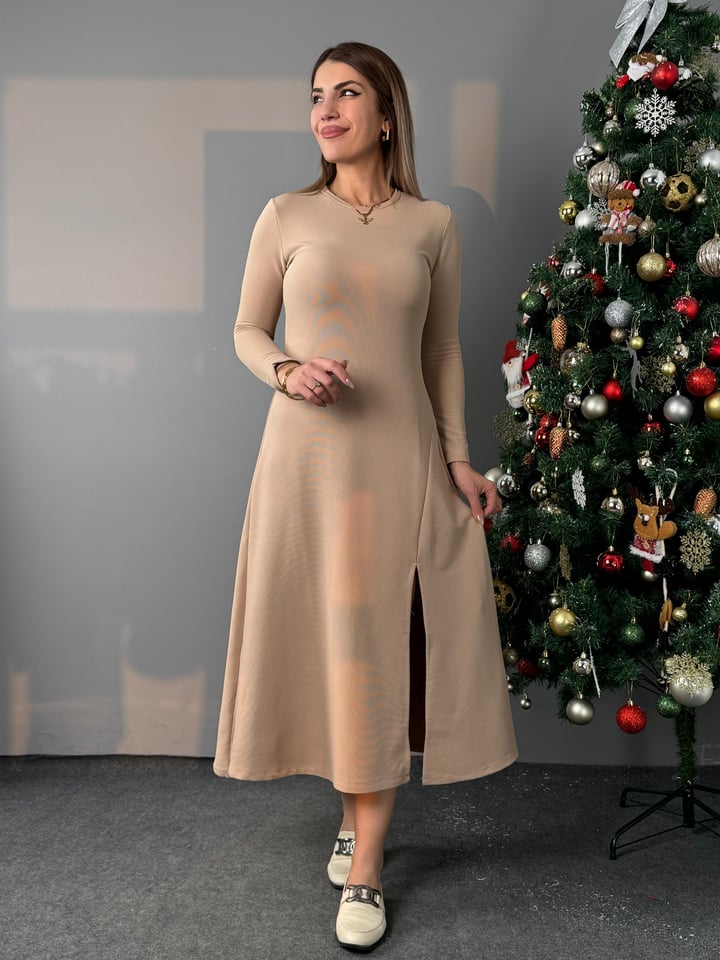 Sios Bej Ottoman Yırtmaçlı Elbise