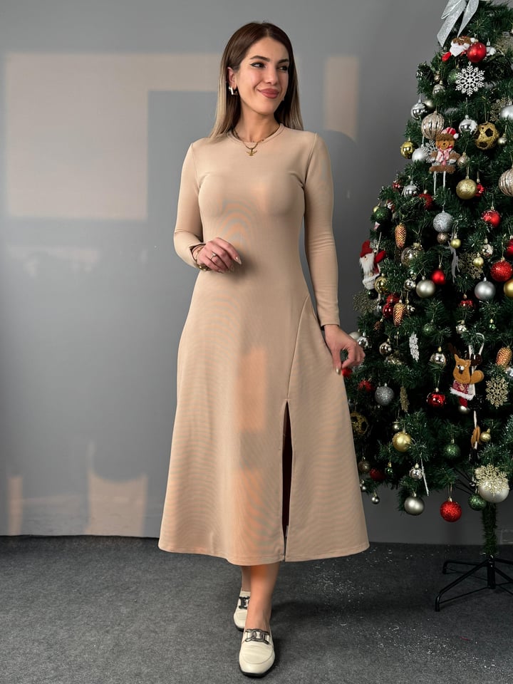 Sios Bej Ottoman Yırtmaçlı Elbise
