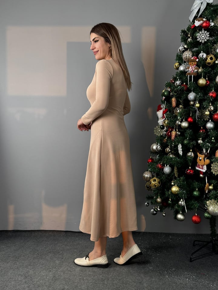 Sios Bej Ottoman Yırtmaçlı Elbise