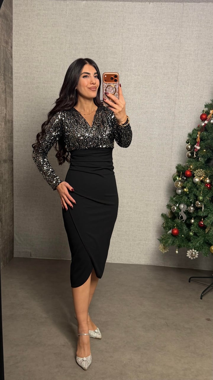 Siti Gümüş Pul Payetli Kruvaze Elbise