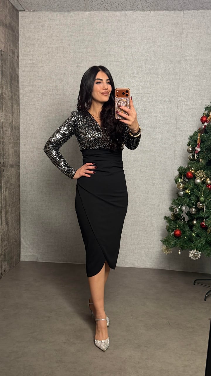 Siti Gümüş Pul Payetli Kruvaze Elbise