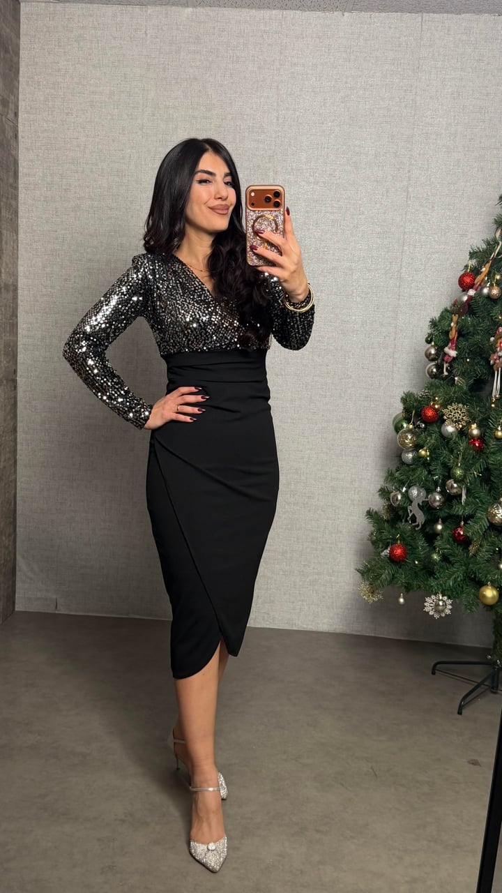 Siti Gümüş Pul Payetli Kruvaze Elbise