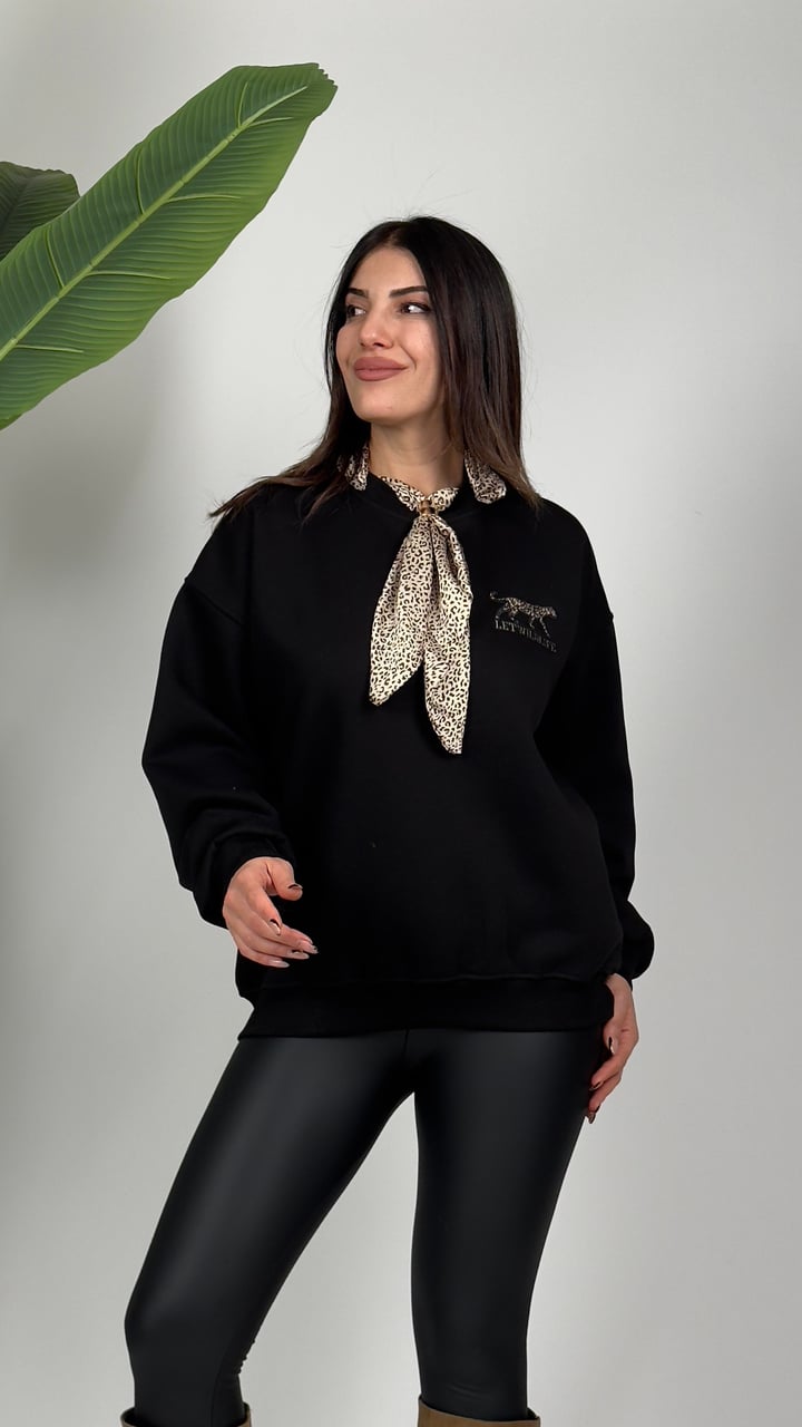 Sofia Siyah Leopar Baskılı Fularlı Sweatshirt
