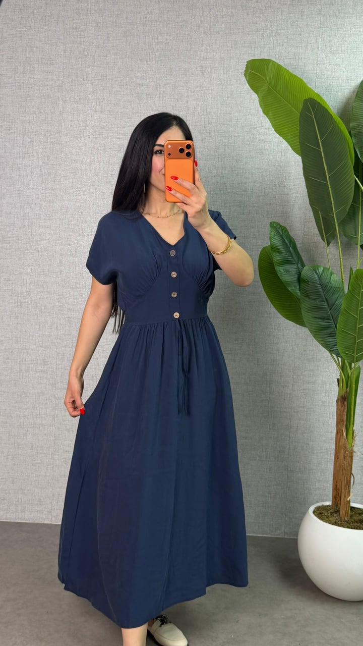Sona Mavi Beli Lastikli Premium Tensel Elbise
