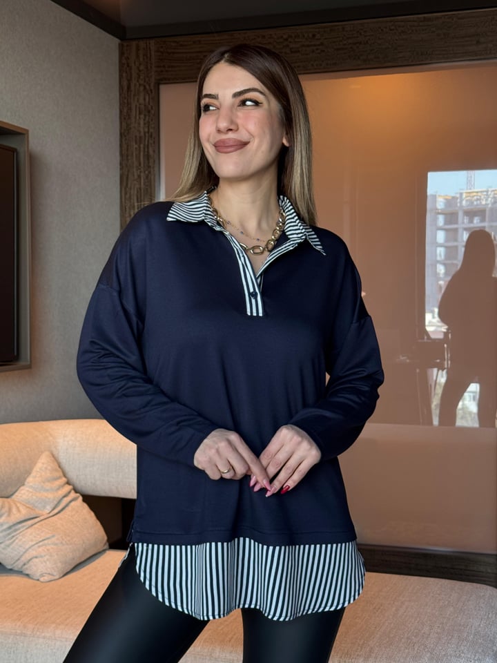 Sorb Lacivert Çizgili Gömlekli Bluz