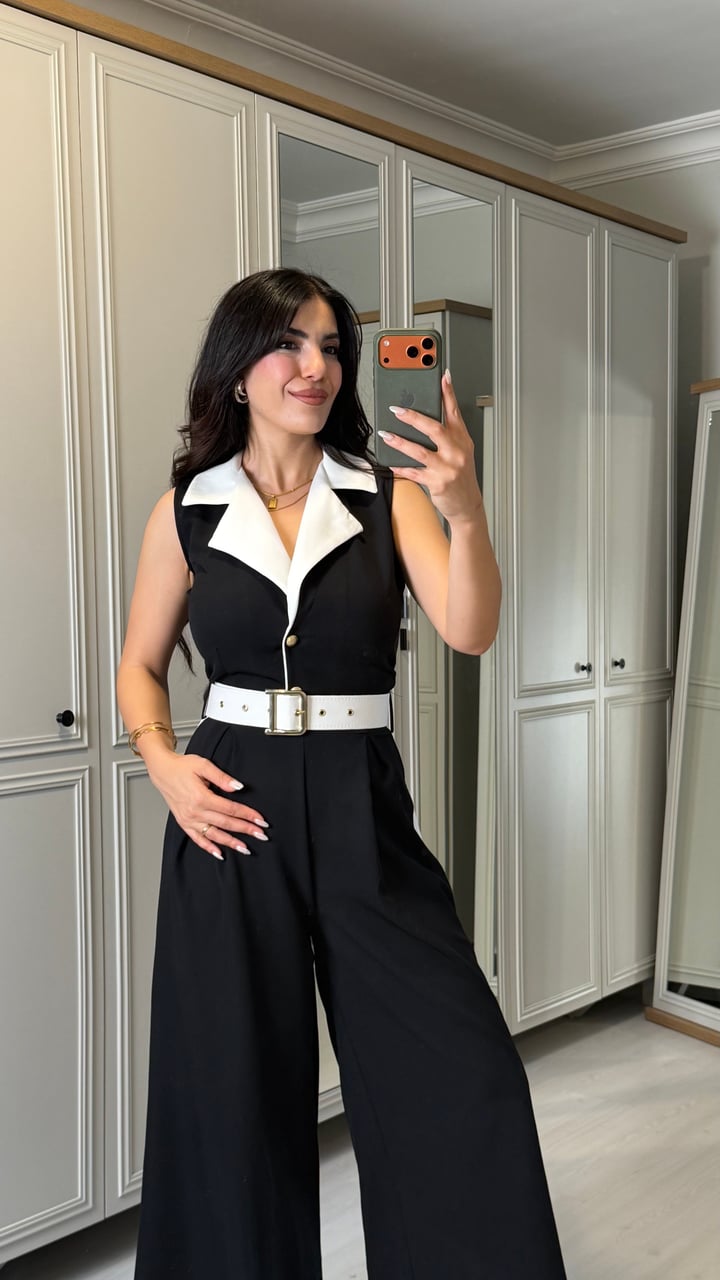Stella Siyah Garnili Şeritli Tulum