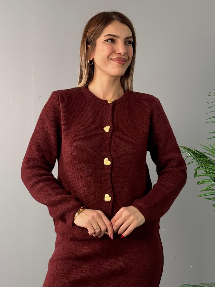 Suma Bordo Kalp Düğmeli Etekli Triko Takım