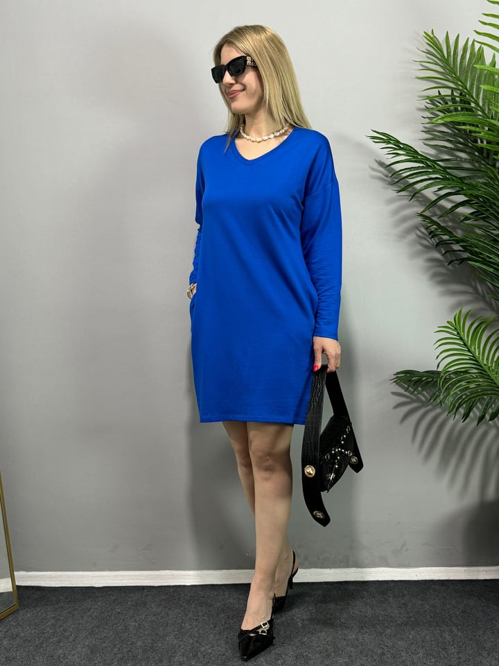 Svilina Mavi V Yaka Basic Elbise