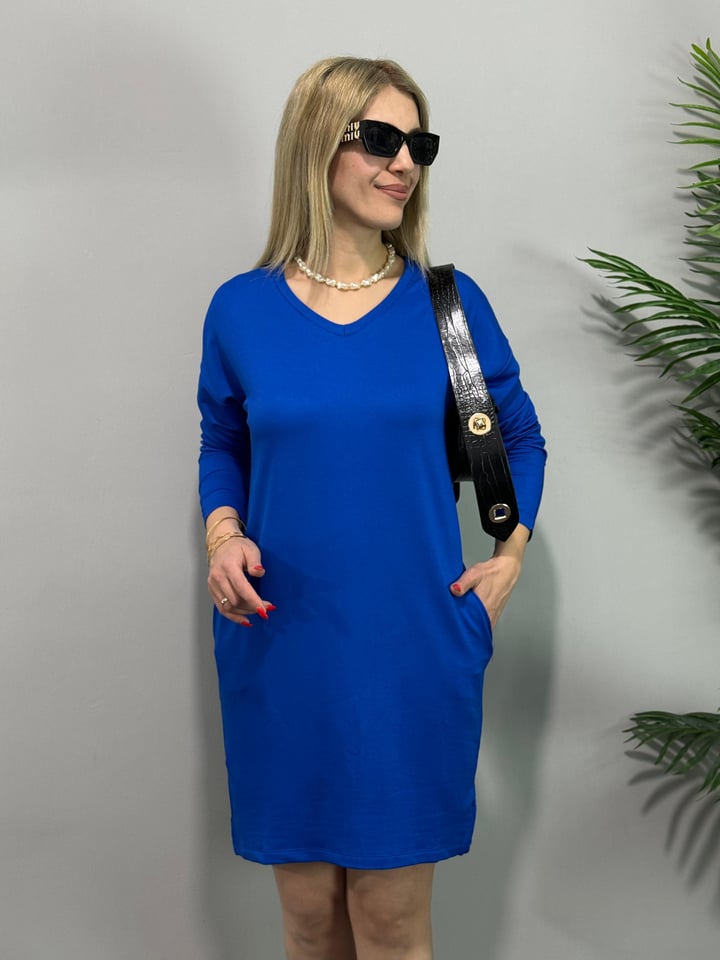 Svilina Mavi V Yaka Basic Elbise