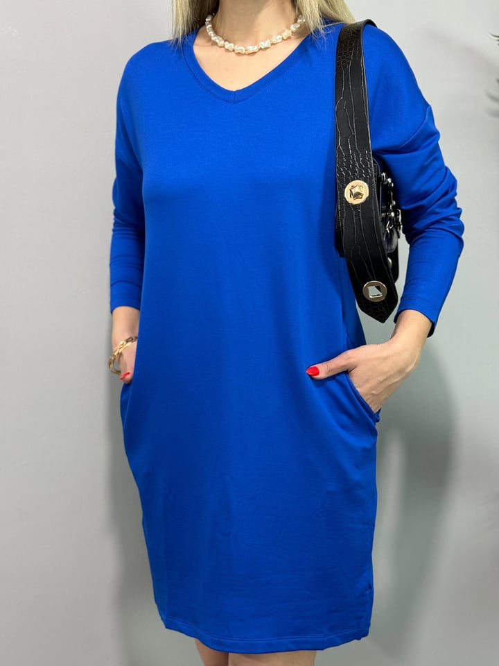 Svilina Mavi V Yaka Basic Elbise