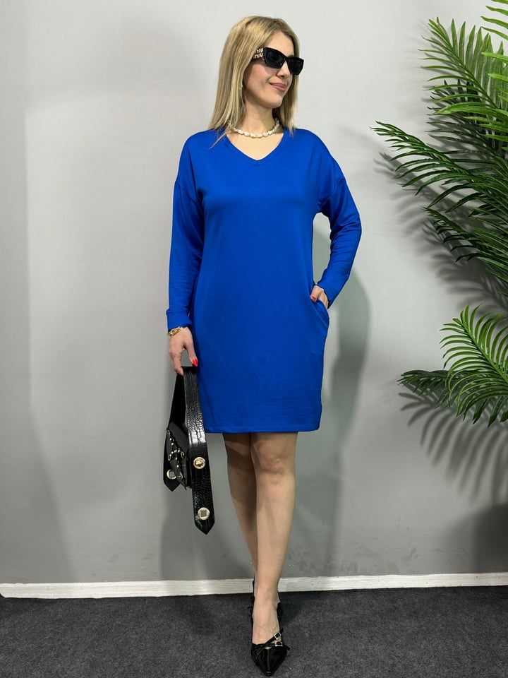 Svilina Mavi V Yaka Basic Elbise