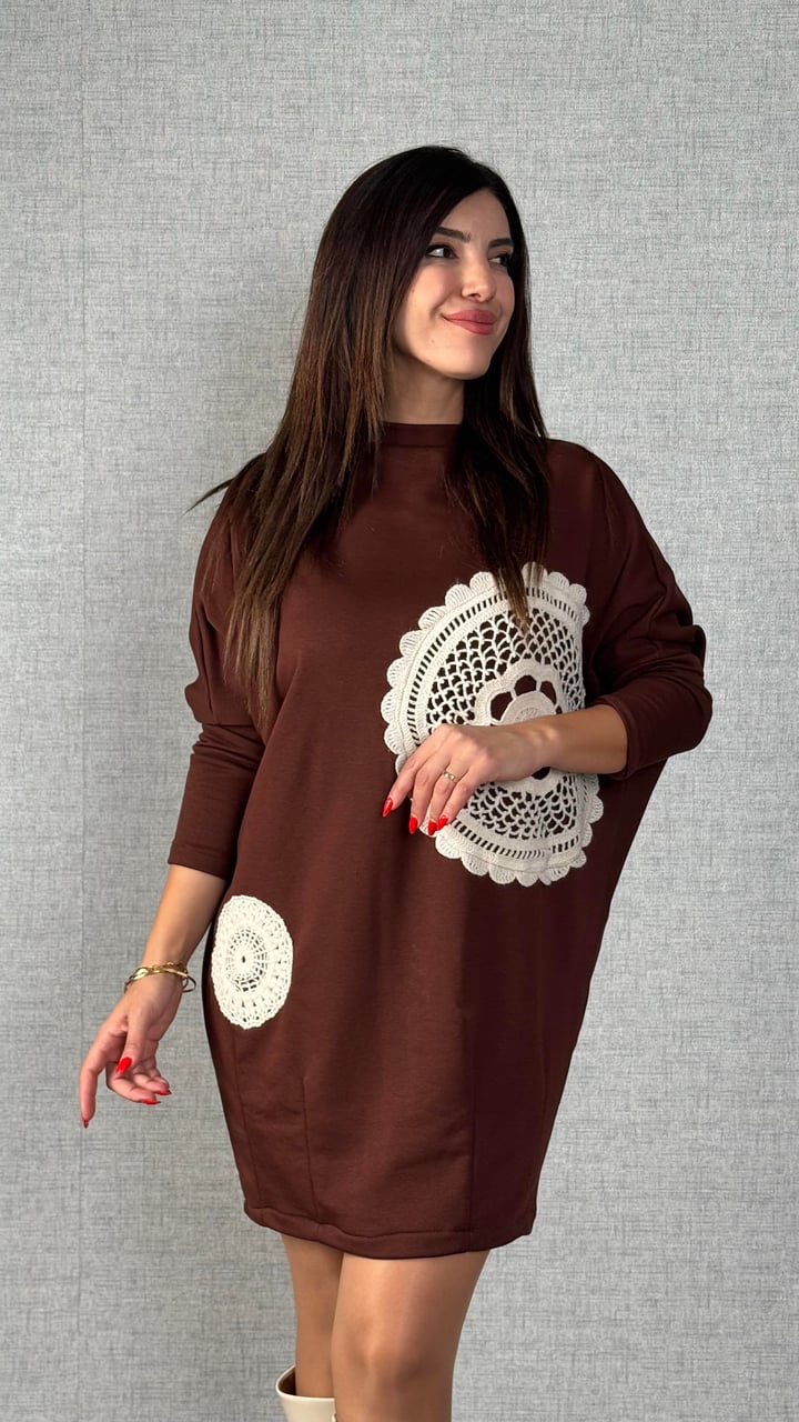 Teresa Kahverengi Dantel İşlemeli Salaş Elbise