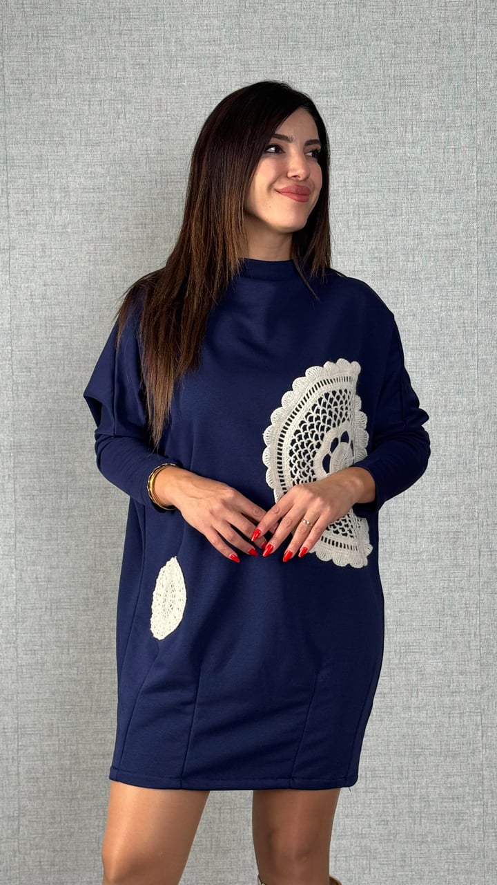 Teresa Mavi Dantel İşlemeli Salaş Elbise