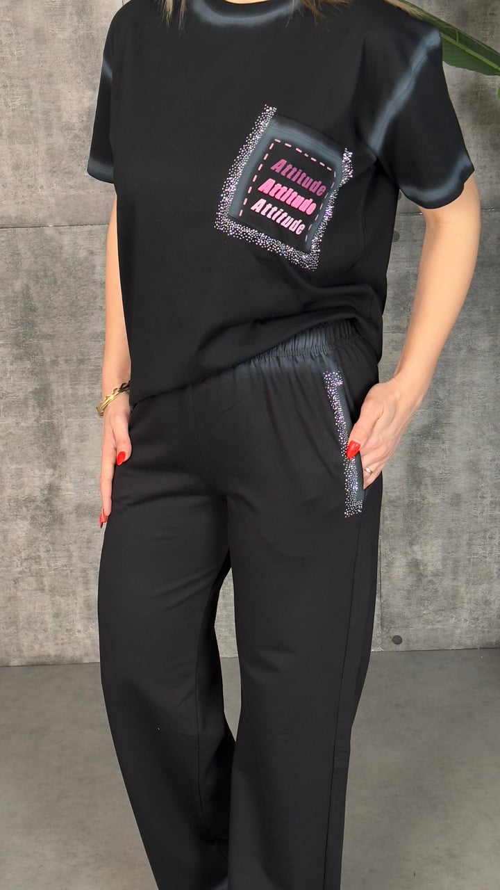 Tude Siyah Taşlı Pembe Boyalı İkili Takım